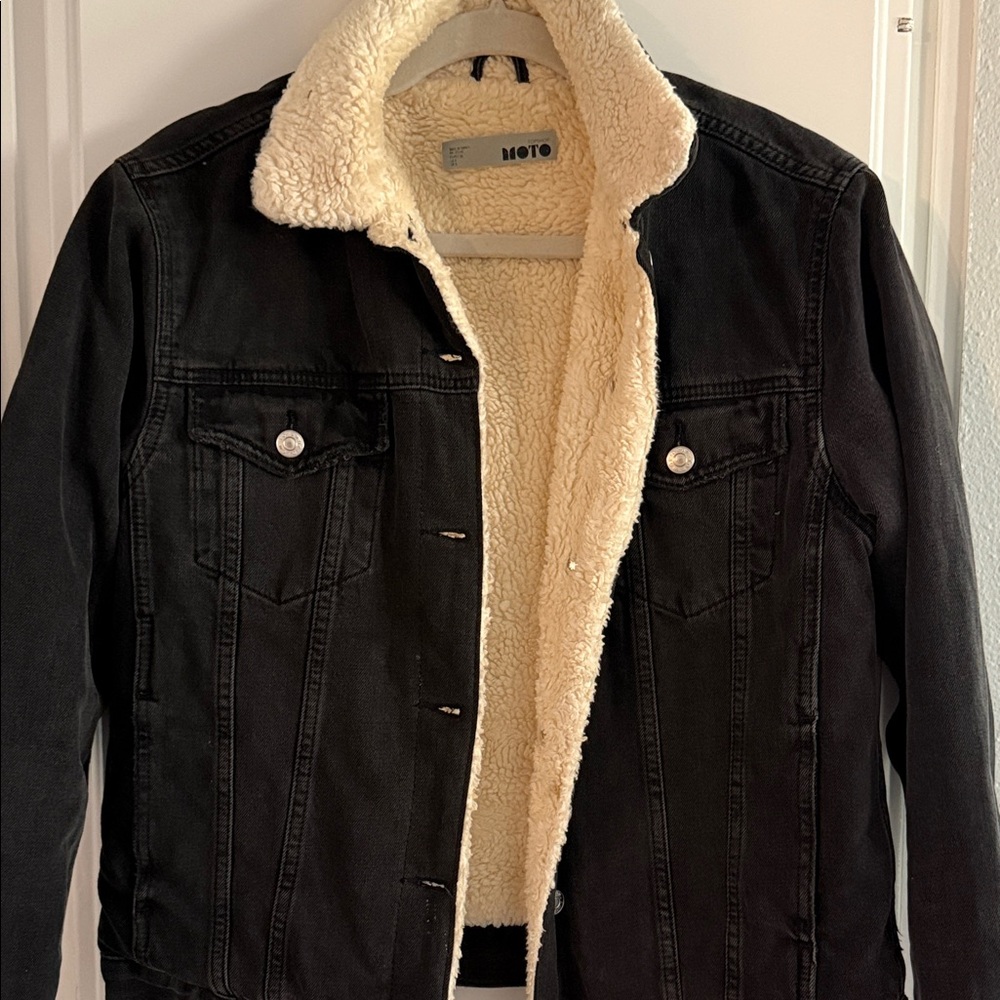 Topshop Black Denim Bomber with Cream Sherpa Lining
